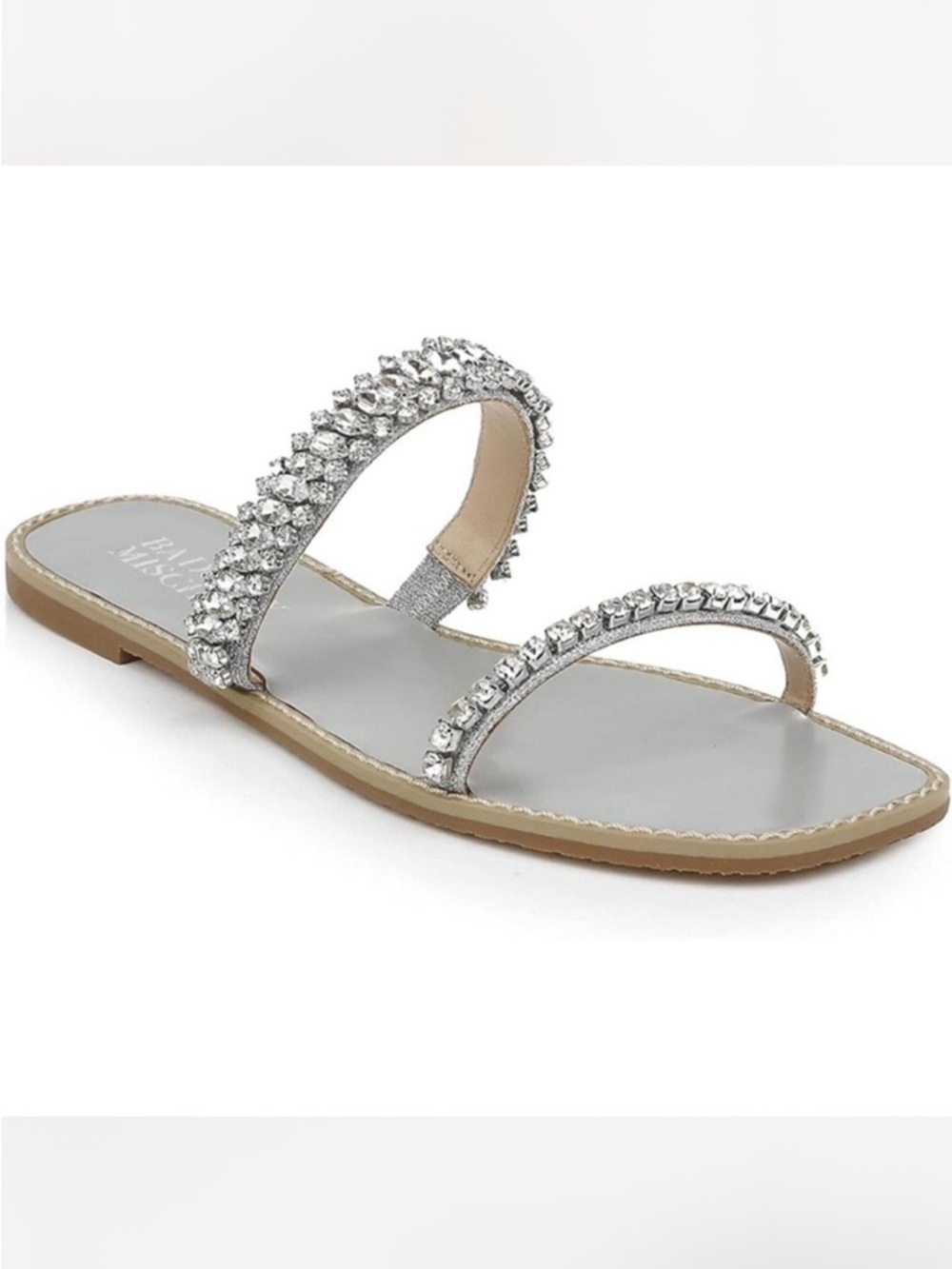 BADGLEY MISCHKA Silver Crystal Double-Strap Slide Sandal